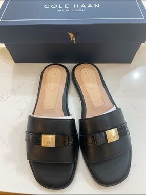 Cole Haan Black Leather Slide Mules with Gold Buckle